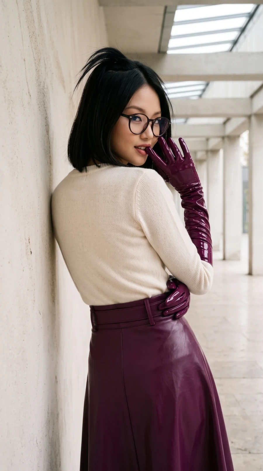 Burgundy Leather Skirt & Glossy Gloves - Image 8