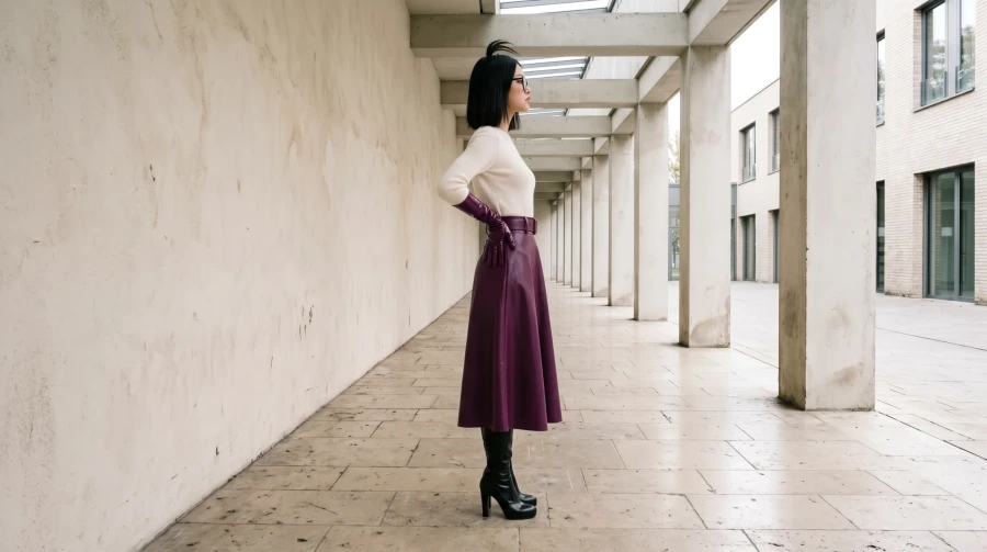 Burgundy Leather Skirt & Glossy Gloves - Image 11