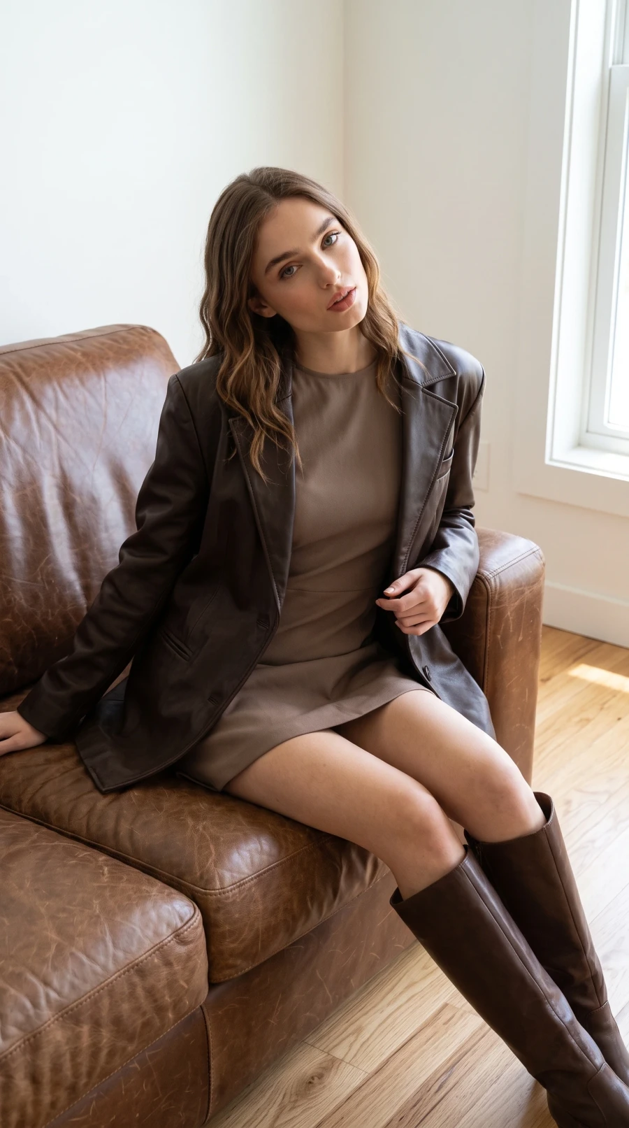 Taupe Dress & Brown Leather - Image 1