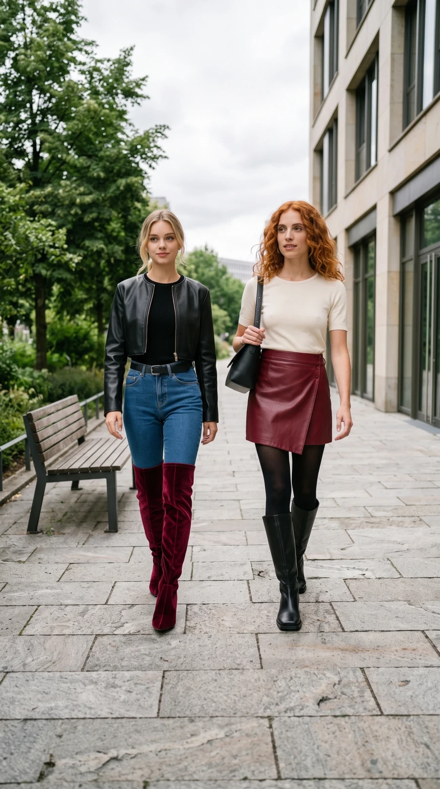 Burgundy Leather, Denim & Velvet Boots - Image 1