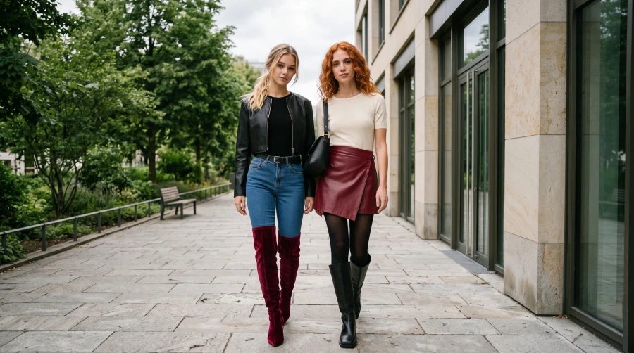 Burgundy Leather, Denim & Velvet Boots - Image 4