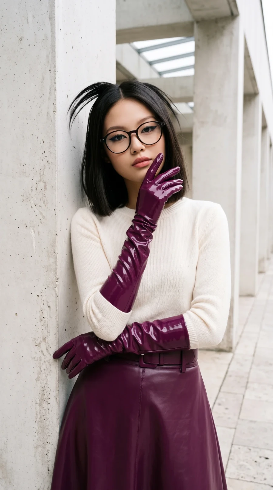 Burgundy Leather Skirt & Glossy Gloves - Image 1