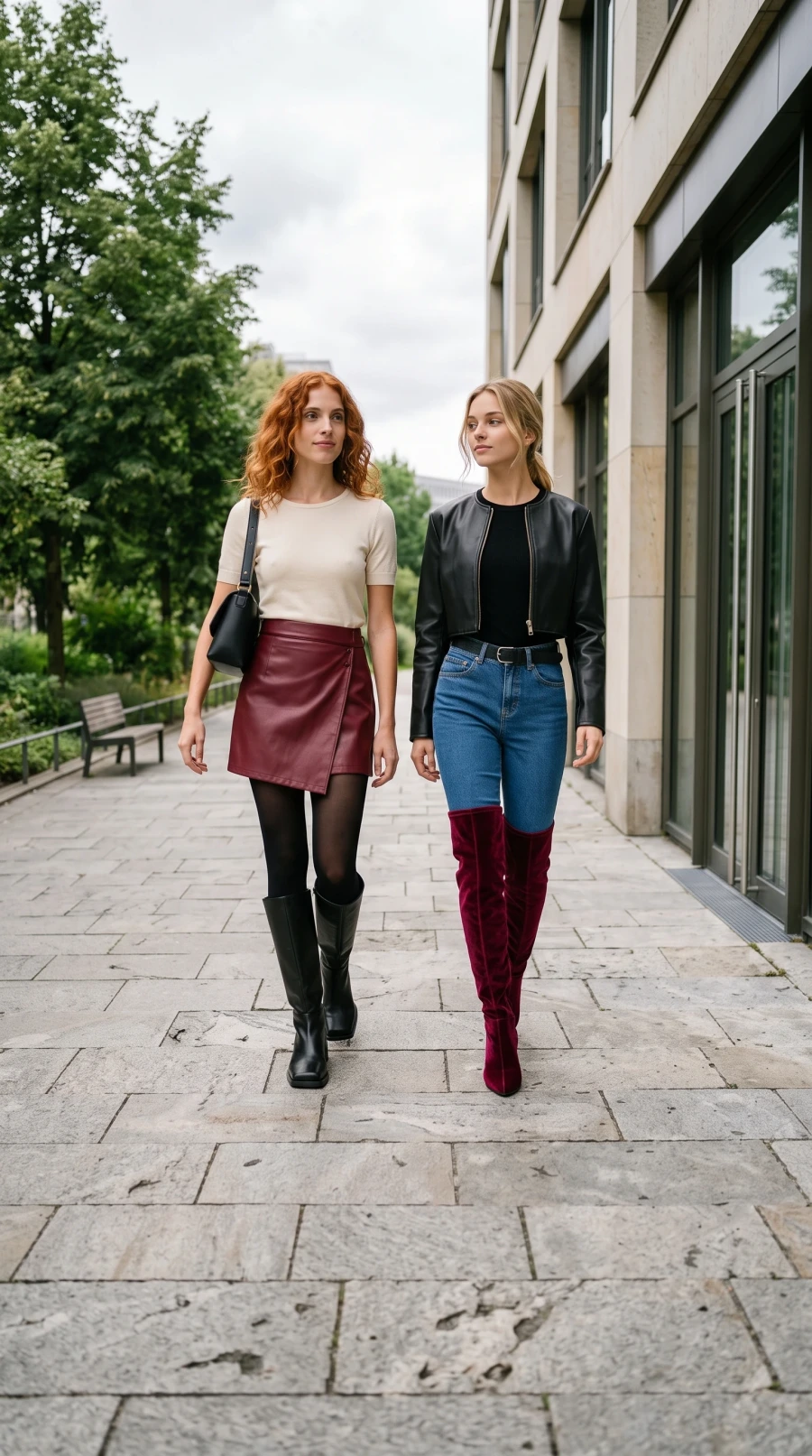 Burgundy Leather, Denim & Velvet Boots - Image 9