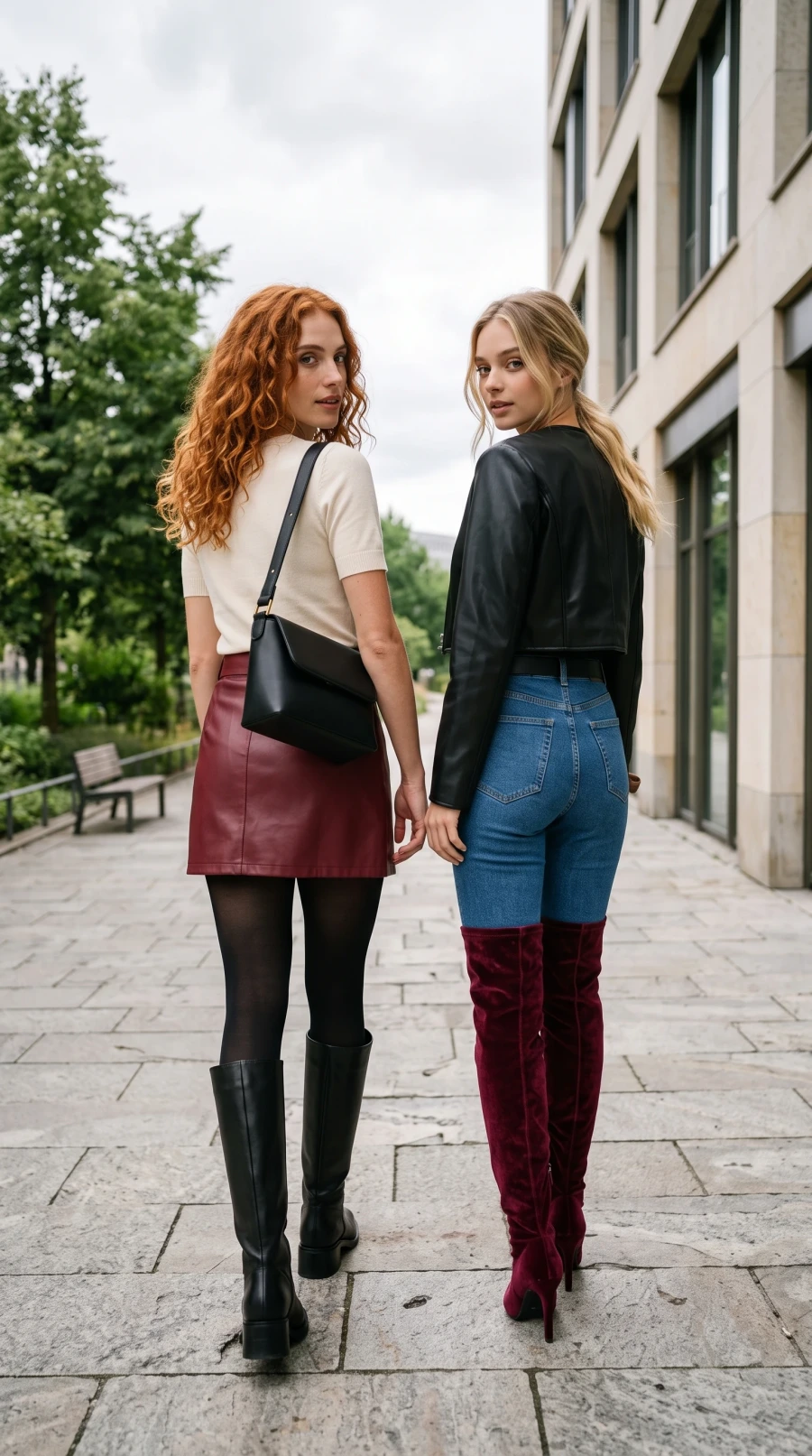Burgundy Leather, Denim & Velvet Boots - Image 2