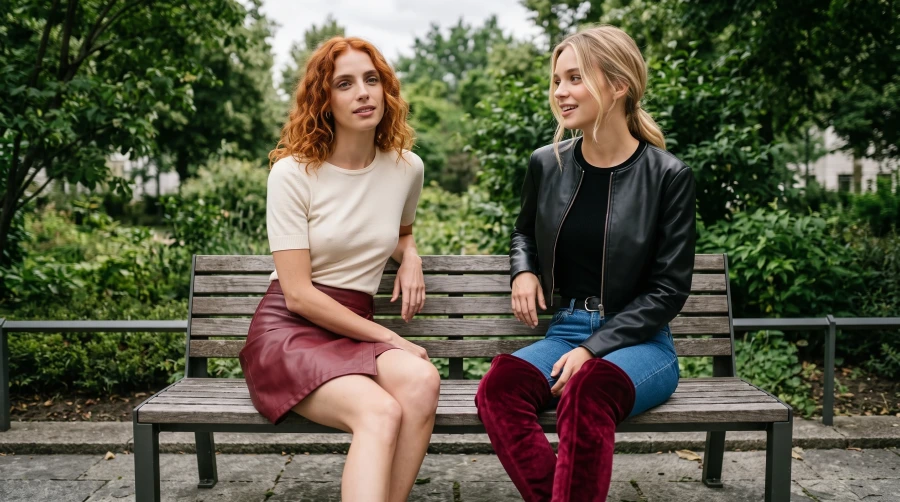 Burgundy Leather, Denim & Velvet Boots - Image 5